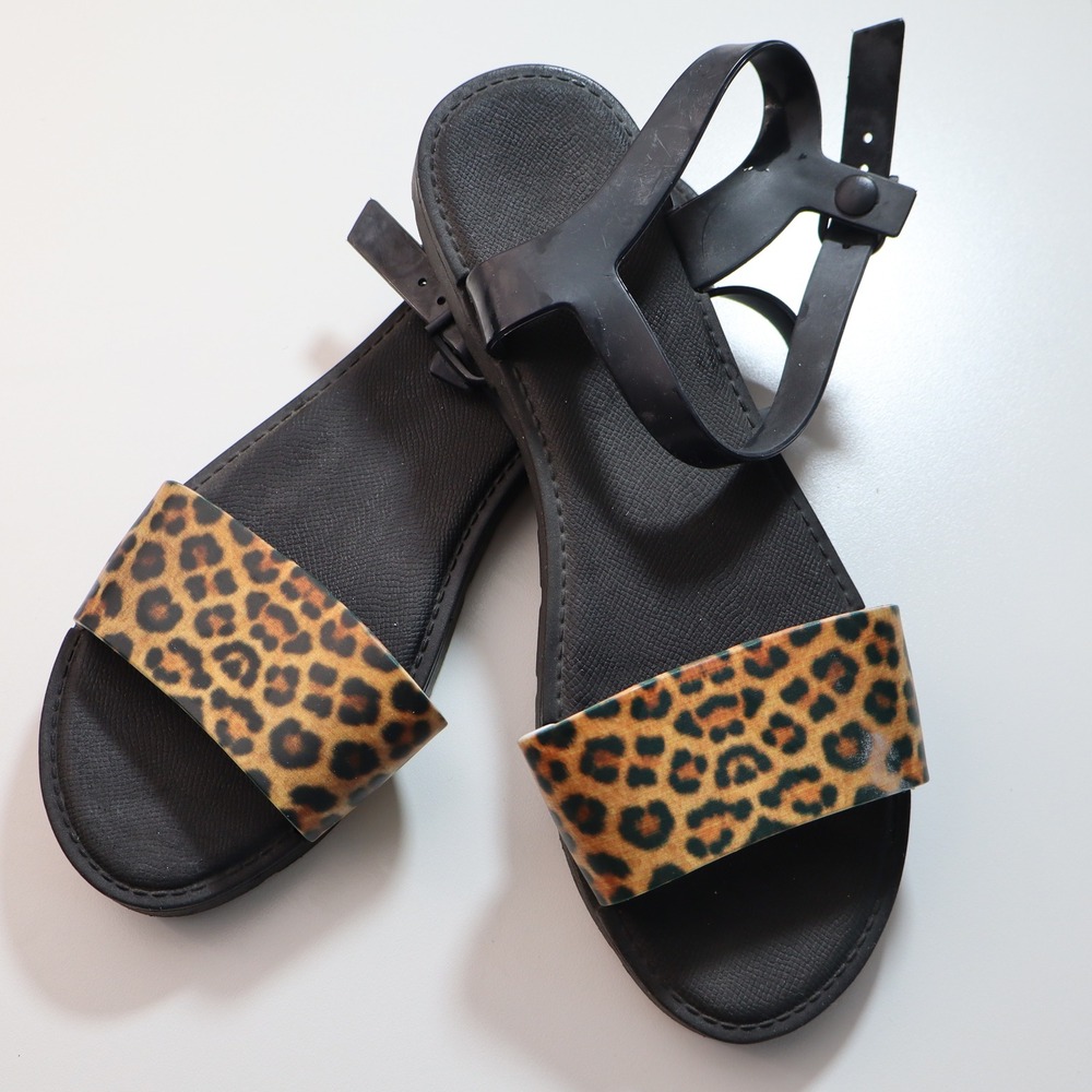 Xirella Jelly Sandals Womens 9 Leopard Print Black Ankle Strap Flat Shoes